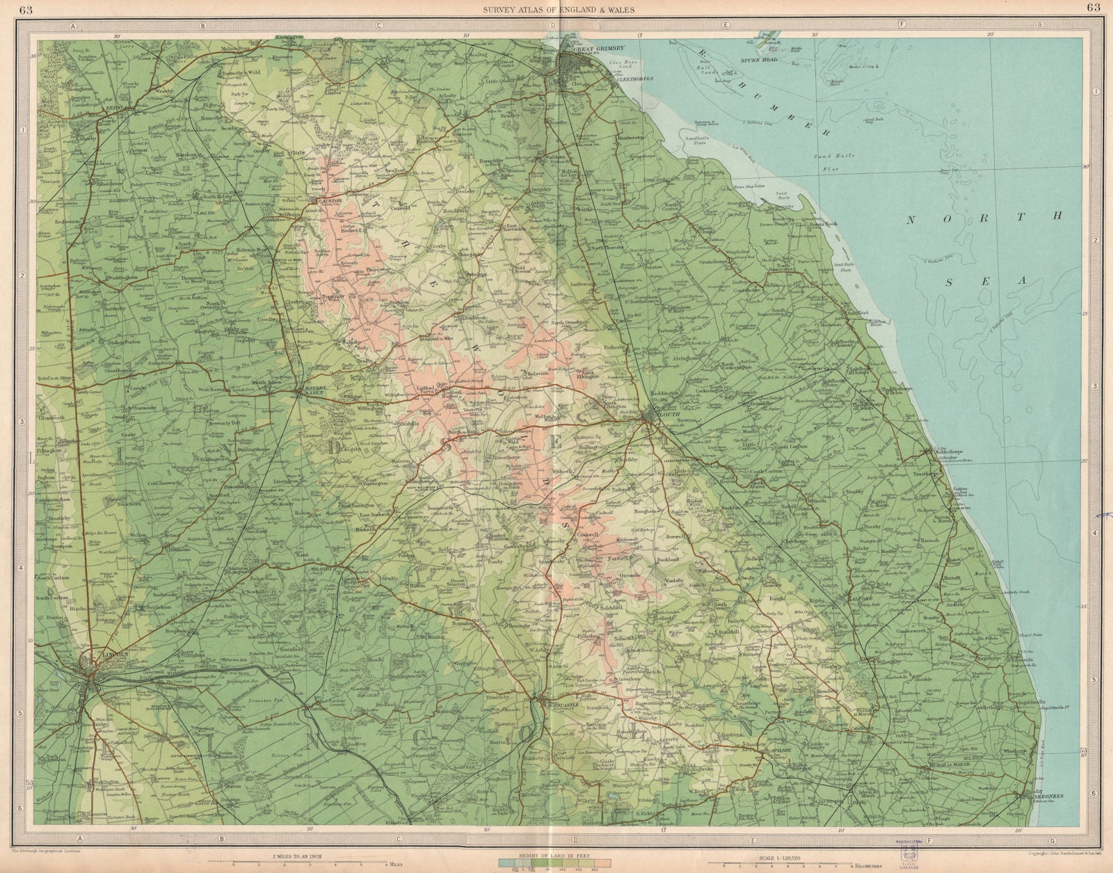 LINCOLNSHIRE WOLDS. Lincoln Grimsby Louth Skegness Horncastle. LARGE 1939 map